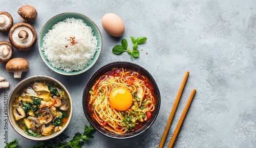 Spicy Noodles, Rice, Soup, Mushrooms; Asian Cuisine, Food Photography, Recipe
