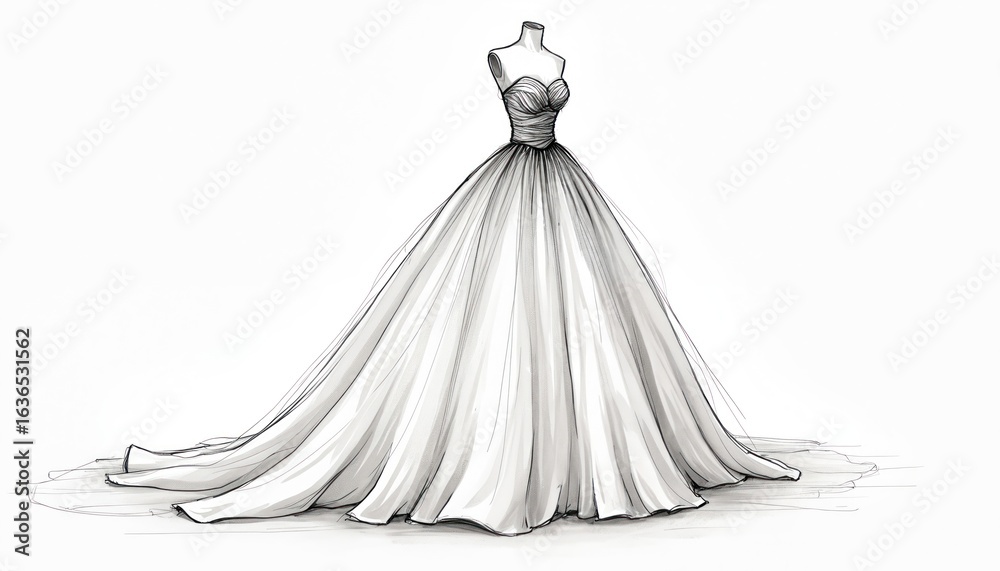 Obraz premium Elegant wedding dress sketch design inspiration. Features strapless bodice with delicate ruching, voluminous ballgown skirt with long train. Illustration style modern, clean, suitable for bridal