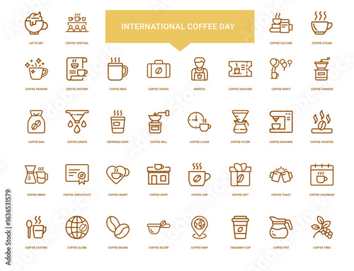 international coffee day collection line icons themes, coffee espresso bag drops mill shot