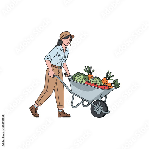 Woman Farmer Pushing Wheelbarrow Of Fresh Vegetables