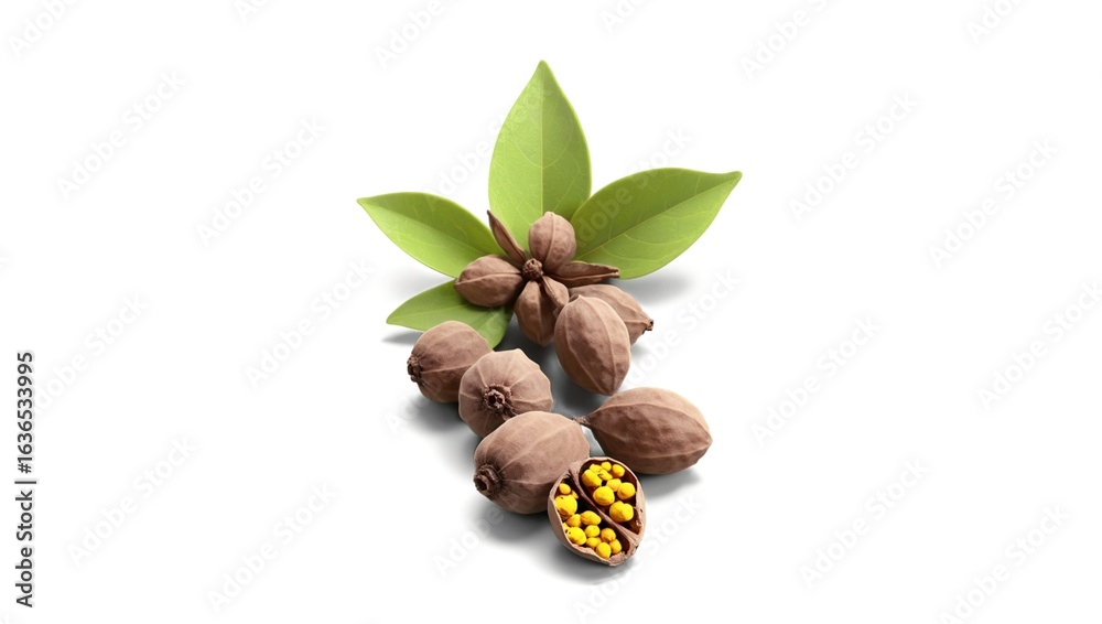Obraz premium Whole allspice berries scattered naturally, rich brown tones stand out on clean white background.