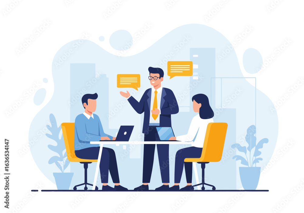 Fototapeta premium Business meeting with team discussing strategy and planning, collaboration and communication in modern office environment