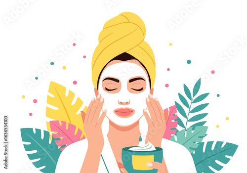 Young woman applying a white facial mask with her hands, wearing a yellow towel on her head, surrounded by tropical leaves and colorful dots, isolated on white background