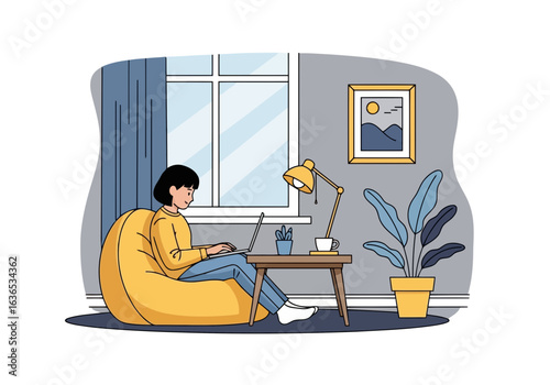 A woman works on her laptop while sitting comfortably in a yellow beanbag chair in a cozy home office with a desk, lamp, and potted plant