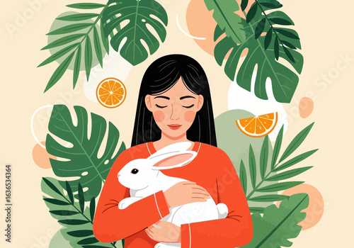 Young woman holding a white rabbit surrounded by lush green tropical leaves and orange slices, symbolizing nature and wellness