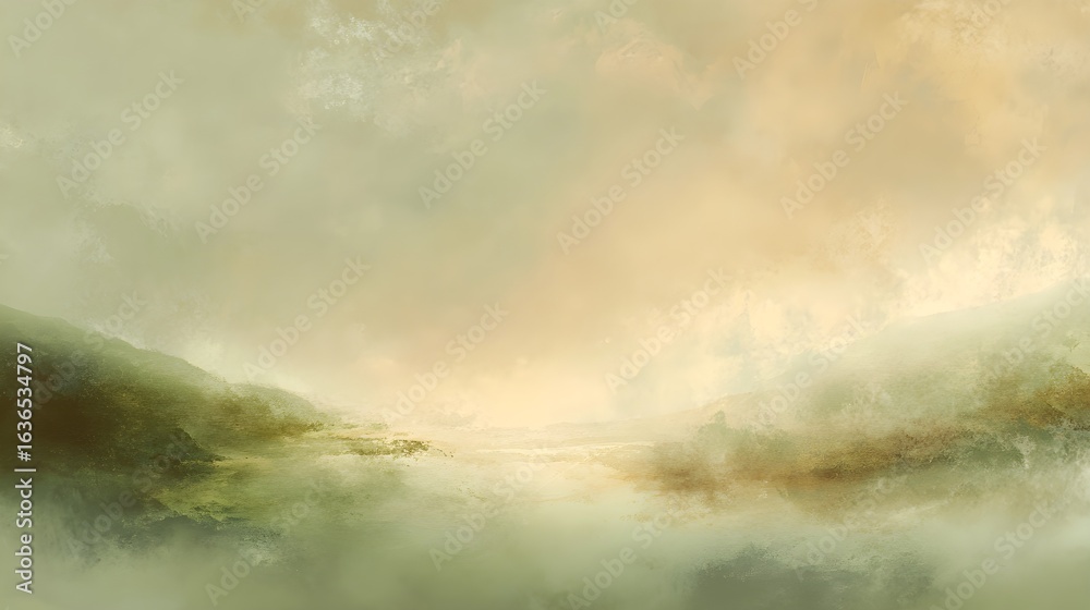 Fototapeta premium Abstract Painterly Misty Landscape Background with Ethereal Green and Gold Hues