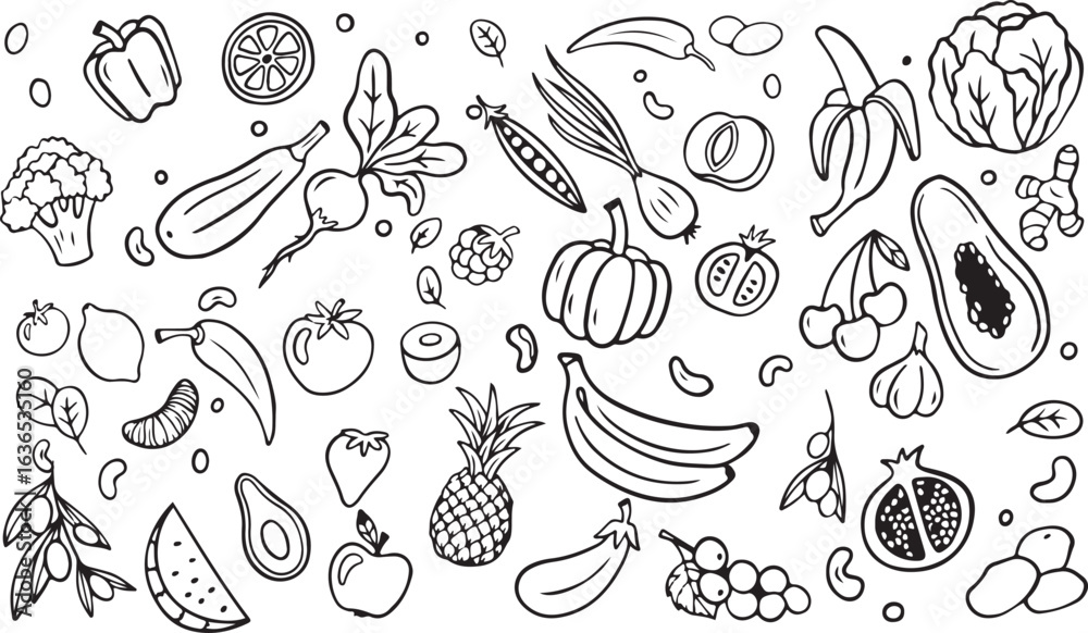 Fototapeta premium Fruit and Vegetable Outline Doodle – Hand Drawn, Food, Organic, Healthy, Farm, Harvest, Cooking, Nature, Cartoon, Marker, Black and White, Fresh, Isolated, Sketch, Vector, Design, Outline, Clipart