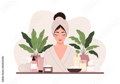 A woman in a spa robe and towel on her head, surrounded by skincare products, plants, and candles, representing beauty and relaxation