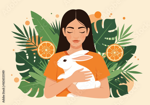 Young woman gently holding a fluffy white rabbit surrounded by lush green tropical leaves and vibrant orange slices, symbolizing nature and healthy living