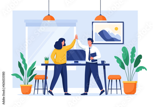 Two colleagues giving each other a high five in a modern office setting, symbolizing teamwork and successful collaboration on a project