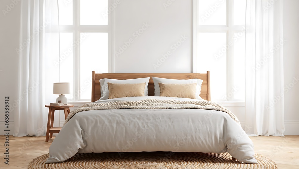 Fototapeta premium Serene Bedroom Interior with Natural Light and Minimalist Style a Calm Retreat for Restful Sleep