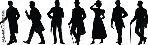 Victorian silhouettes, elegant fashion, historical clothing, vintage outfits, classic attire, retro style, 19th century costumes, period figures, timeless design, illustration