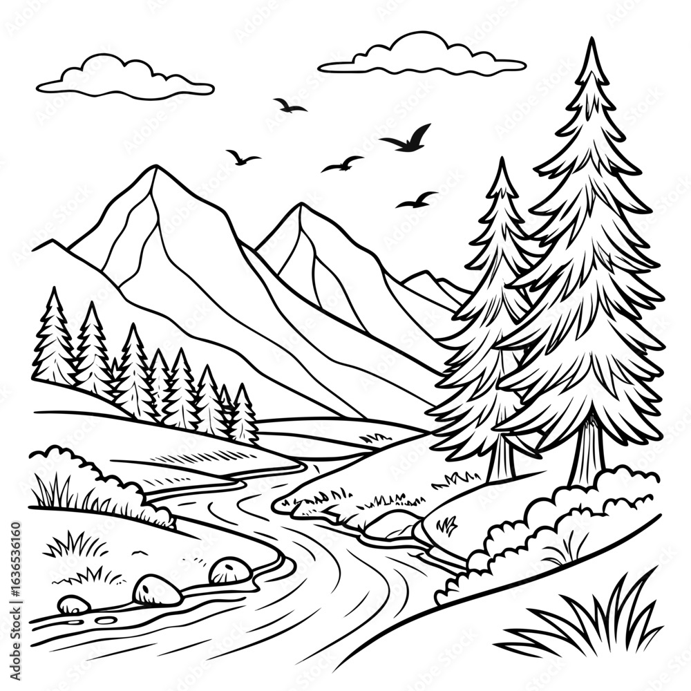 Fototapeta premium Scenic vector line drawing of mountains, river, trees, and birds, hand-drawn style, detailed outline, calm and relaxing composition for coloring pages 