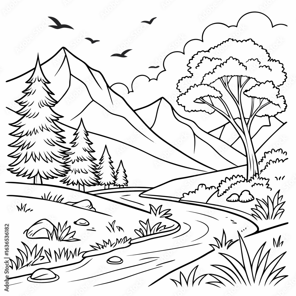 Fototapeta premium Scenic vector line drawing of mountains, river, trees, and birds, hand-drawn style, detailed outline, calm and relaxing composition for coloring pages 