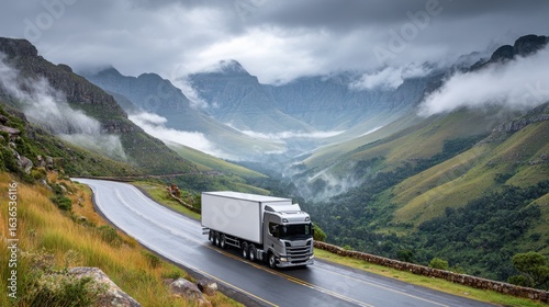 Scenic Delivery Truck Transporting Goods on Mountain Road with Misty Landscape View, Copy Space for Logistics Concept