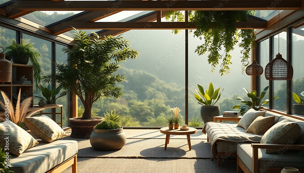 Fototapeta premium Minimalist Indoor Lounge Opening to Mountain Vista
