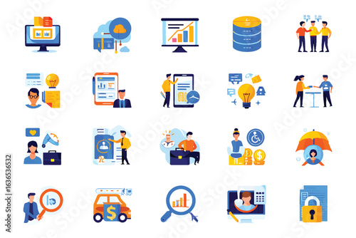 Flat Icon Set for Business Strategy, Finance, and Digital Technology