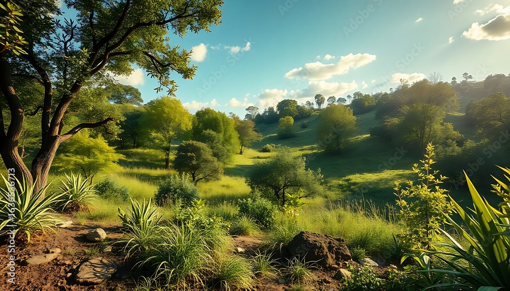 Fototapeta premium Golden Sunlit Patio with Wicker Seating and Plants