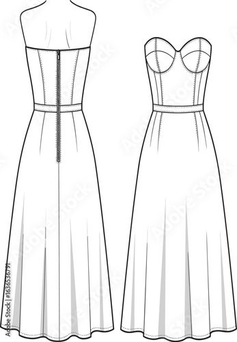 Elegant strapless and sweetheart neckline dress design, fashion illustration, sewing pattern, garment sketch, formal wear, wedding, evening outfit inspiration