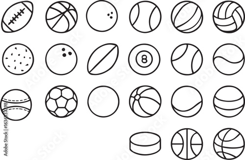 Sports Ball Line Icons – Football, Basketball, Baseball, Tennis, Volleyball, Golf, Bowling, Rugby, Cricket, Billiard Vector Set