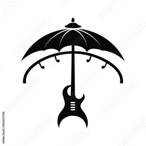 Black electric guitar under umbrella protecting music vector art illustration