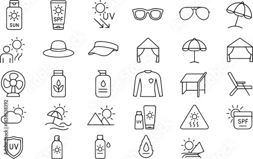Sun and Protection Line Icons – Sunscreen, SPF, Sunglasses, Umbrella, Sunburn, Sun Hat, UV Safety, Beach, Shade Vector Set