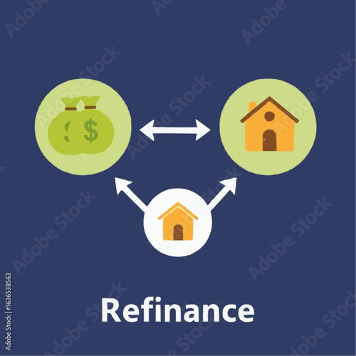 Icons representing refinance process with money and house symbols  