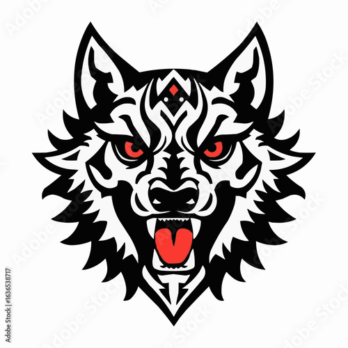 Fierce wolf head illustration with tribal design and red eyes  