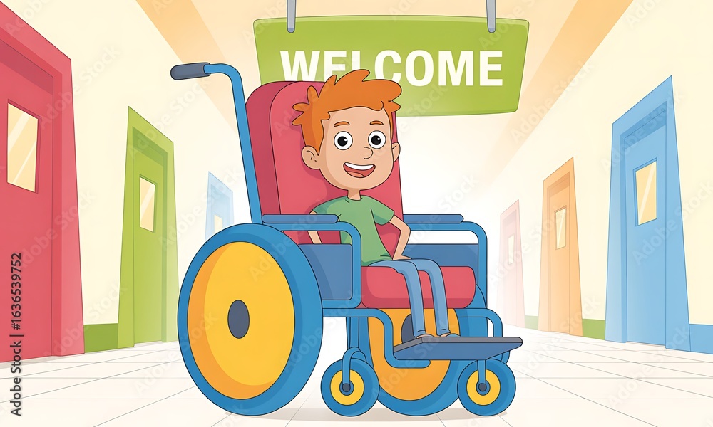 Naklejka premium Cheerful Cartoon Boy in a Wheelchair Arrives in a Bright, Welcoming Hallway