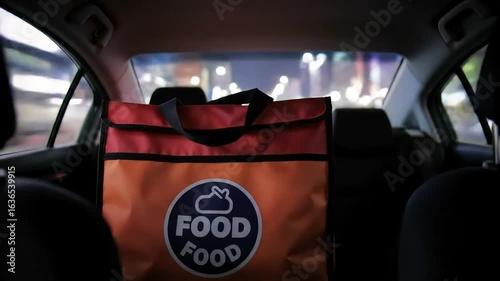 Food Delivery Bag Secured in Car Rear Seat During Night Time Urban Commute