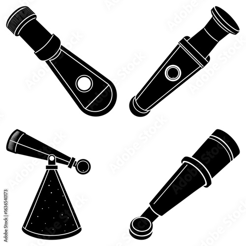 Four black and white telescopes in various orientations and styles against a white background image view