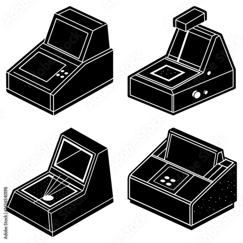 Isometric view of four different black scientific instruments with screens and button panels on white background