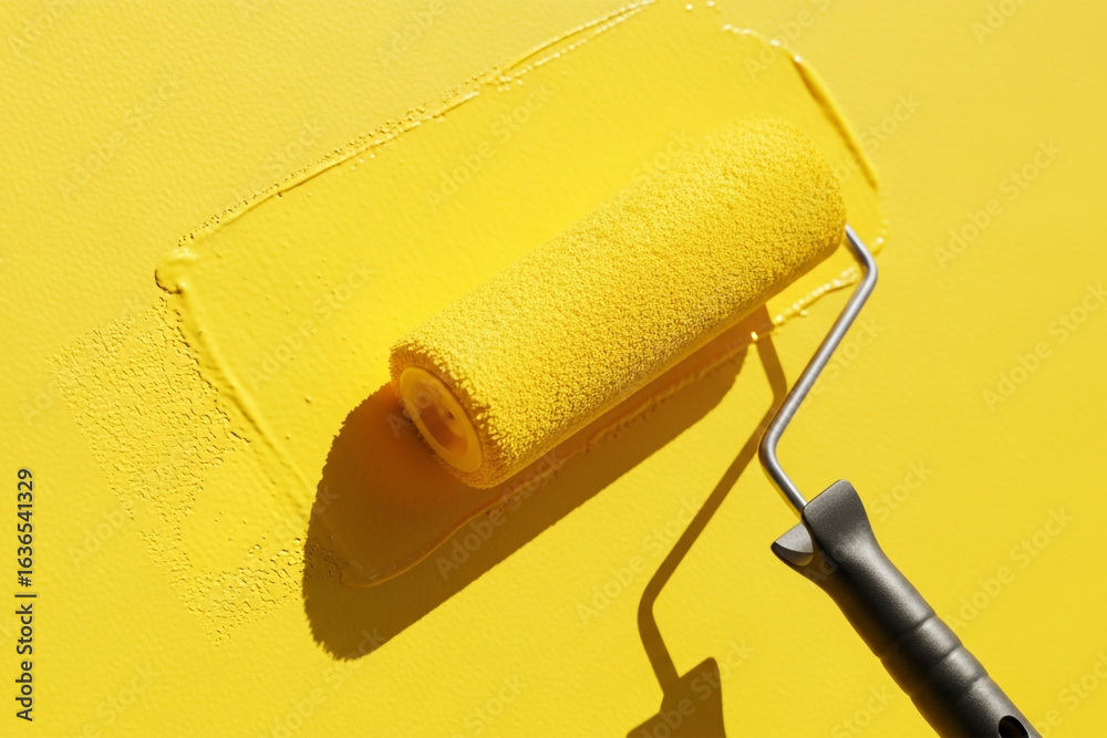 Obraz premium Paint Roller Resting on Bright Yellow Wall