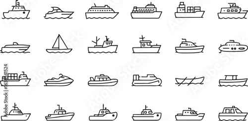 Water Transport Line Icons – Ship, Yacht, Cruise, Cargo, Ferry, Boat, Submarine Vector Illustration