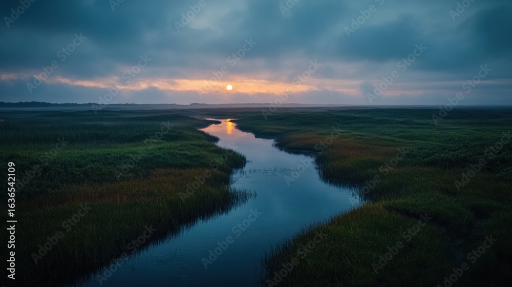 Fototapeta premium Marshland River at Sunset, Calm Water Reflecting Sunlight, Cloudy Sky