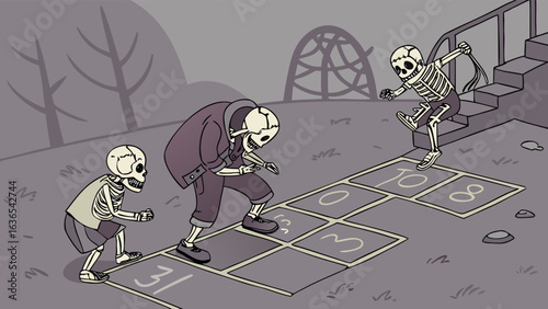 Skeletons enjoy a game of hopscotch on a gloomy day with bare trees and a playground structure in the background