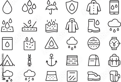 Waterproof Line Icons – Water Resistant, Moisture Protection, Hydrophobic, Weatherproof, Rain, Splash, Outdoor Vector Set