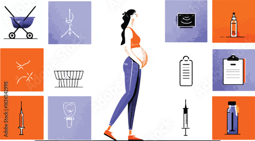 Pregnant woman illustration with medical icons