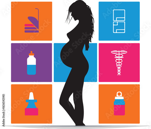 Pregnant woman silhouette with healthcare icons