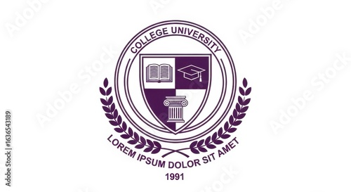 College University academic logo template with shield and laurel wreath isolated on white background