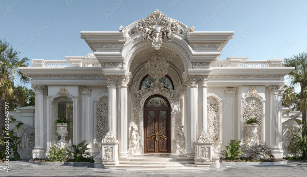 Obraz premium Grand neoclassical mansion entrance; tropical setting