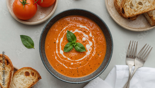 Photo of overhead shot of creamy tomato soup with basil garnish served with toasted bread slices for a comforting and delicious meal