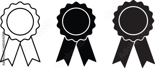 Three Award Rosettes with Ribbons in Outline and Solid Black Fill