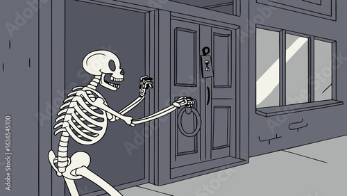 A skeletal figure stands at a doorstep reaching out to knock on a grand wooden door with a decorative knocker