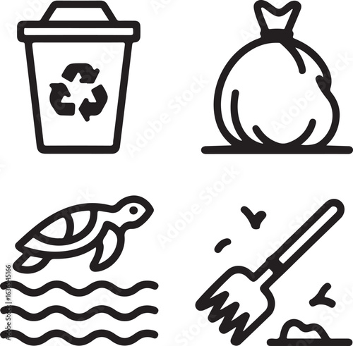 Hand-Drawn Ocean Conservation Line Icons Plastic Waste, Beach Trash, Recycling, Sea Creatures, and Cleanup Tools Collection