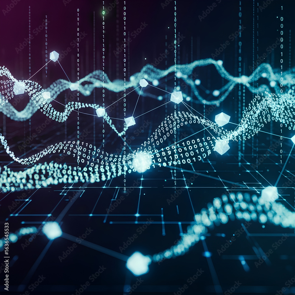 Obraz premium Abstract digital graphic of interconnected data points and lines, creating a complex network pattern.