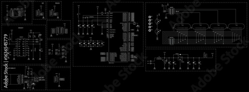 Schematic diagram of electronic device on sheet of paper. Vector drawing electrical circuit with connector,
resistor, capacitor, integrated circuit, antenna,
microcontroller, diode, indicator, led.