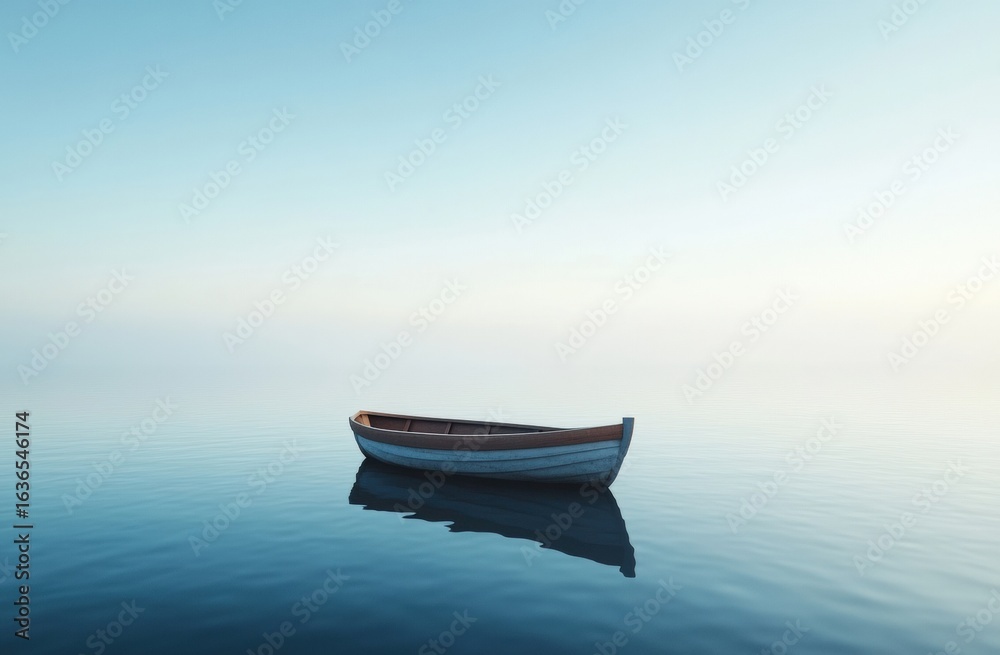 Naklejka premium A serene scene featuring a solitary boat floating on calm waters under a clear sky, evoking tranquility and reflection.