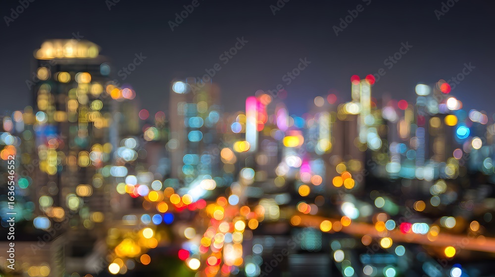 Fototapeta premium Night city lights blur showing many buildings.