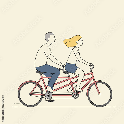 A happy young couple riding a tandem bicycle together, a minimalist illustration of a shared journey and partnership.